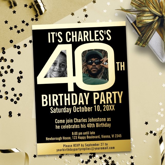 40th Birthday party 2 photo simple black gold foil Foil Invitation (Creator Uploaded)