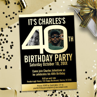 40th Birthday party 2 photo simple black gold foil Invitation