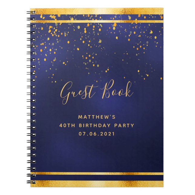 40th Birthday Party 40 dark blue gold guest book (Front)