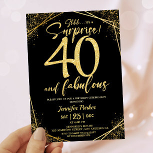 40th Birthday Party 40 Fabulous Black Gold Glitter Invitation