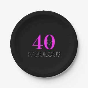 40th Birthday Party 40 Fabulous Black Neon Pink Paper Plates