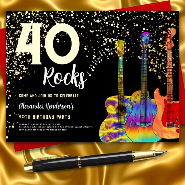 40th Birthday Party 40 Rocks Black & Gold Foil Invitation Postcard (Music theme 40 rocks guitar black and gold 40th birthday party invitation postcard )