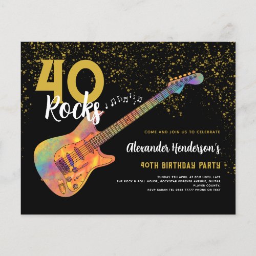 40th Birthday Party 40 Rocks Gold Glitter Budget Flyer