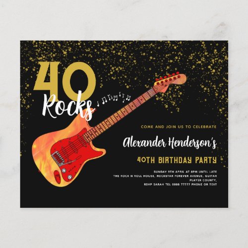 40th Birthday Party 40 Rocks Gold Glitter Budget Flyer