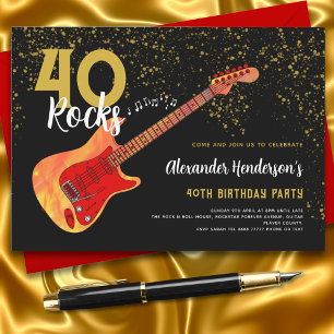 40th Birthday Party 40 Rocks Guitar Gold Glitter Invitation