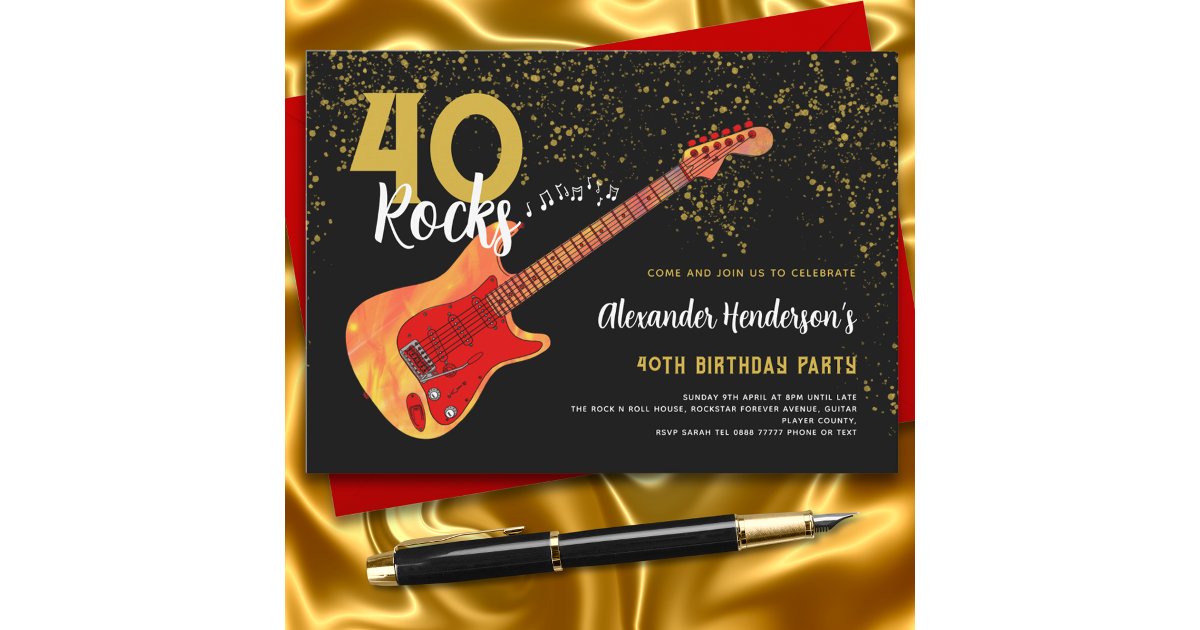 40th Birthday Party 40 Rocks Guitar Gold Glitter Invitation | Zazzle