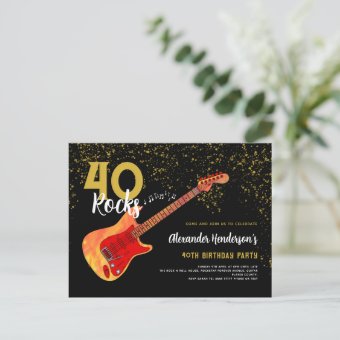 40th Birthday Party 40 Rocks Guitar Gold Glitter Invitation Postcard ...
