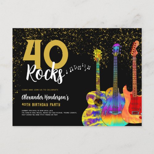 40th Birthday Party 40 Rocks Guitar Gold Glitter Invitation Postcard
