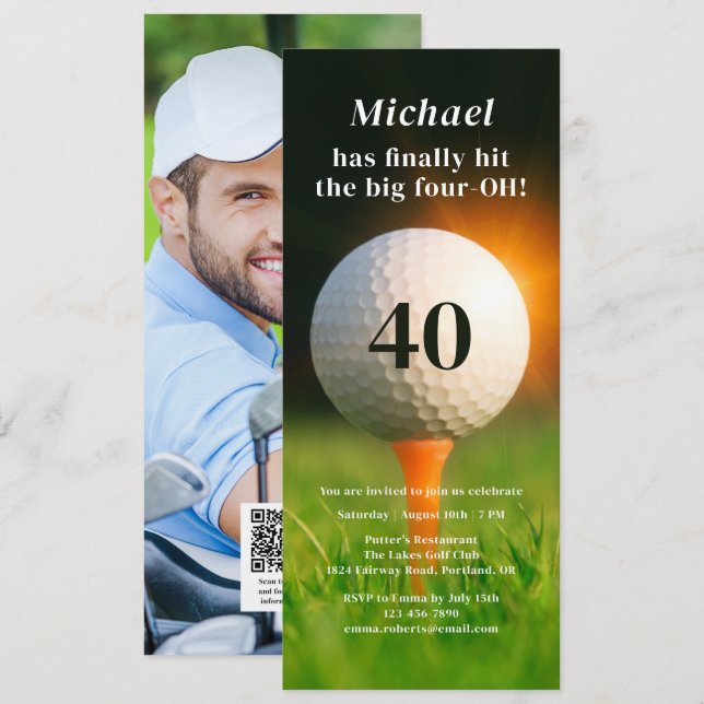 40th Birthday Party Adult Golf Forty Photo QR Code Invitation (Front/Back)