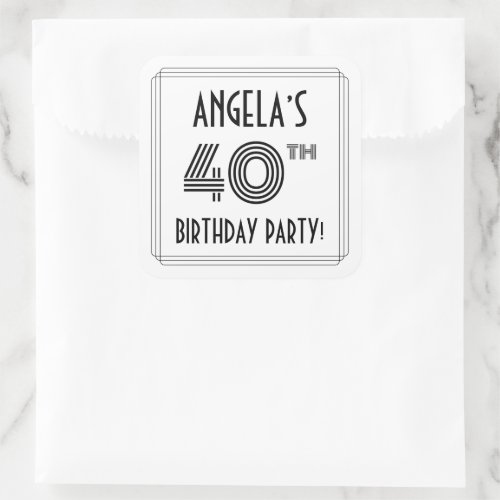 40th Birthday Party Art Deco Style  Custom Name Square Sticker
