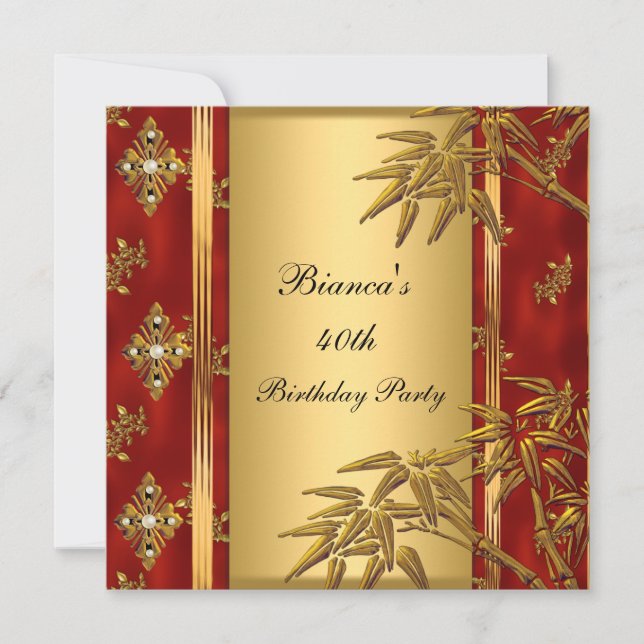 40th Birthday Party Asian Gold Bamboo Red 2 Invitation (Front)