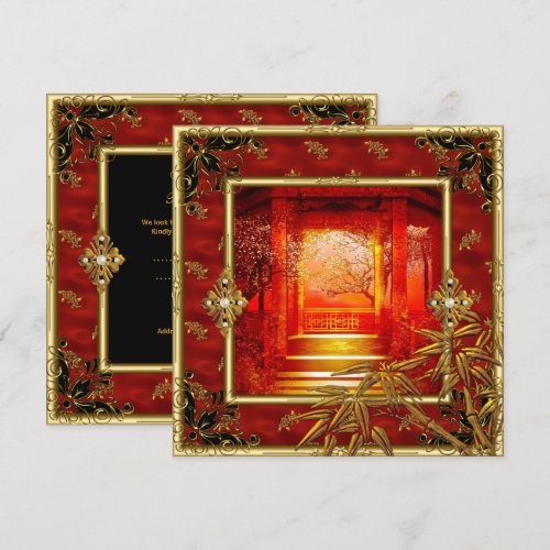 40th Birthday Party Asian View Gold Bamboo Red Announcements