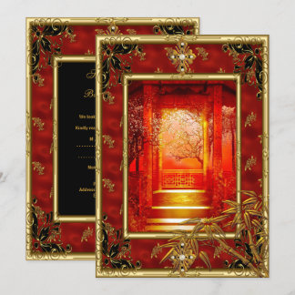 40th Birthday Party Asian View Gold Bamboo Red Invitation