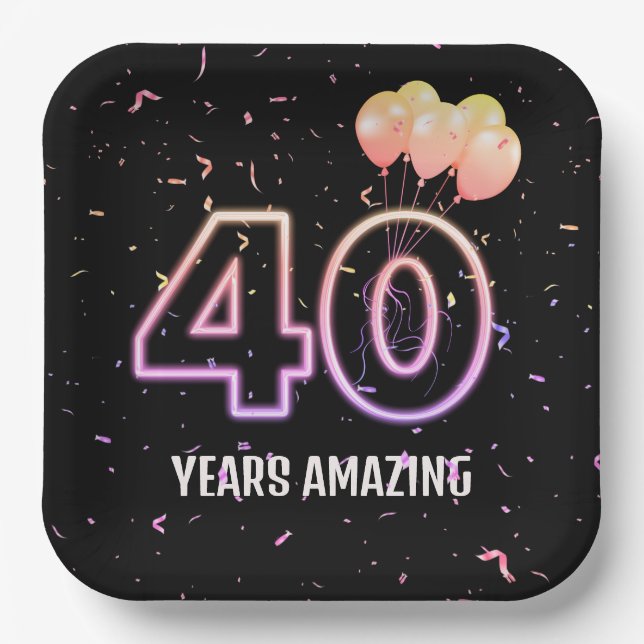 40th Birthday Party Balloons and Confetti Paper Plates (Front)