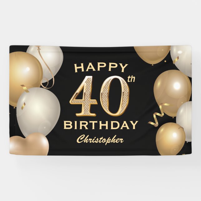 40th Birthday Party Black and Gold Balloons Banner (Horizontal)
