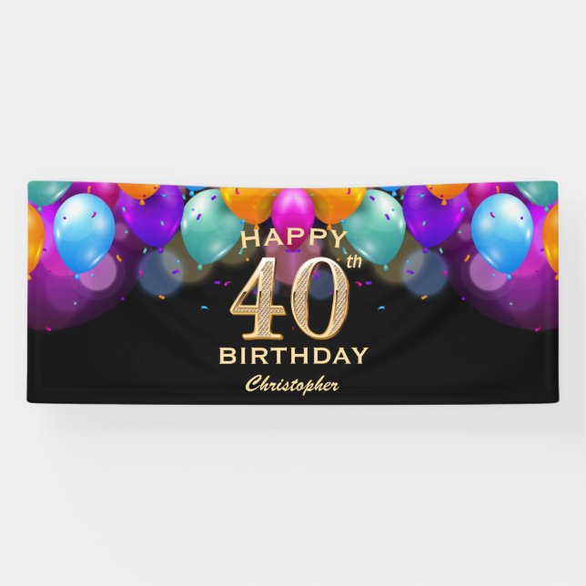 40th Birthday Party Black and Gold Balloons Banner (Horizontal)
