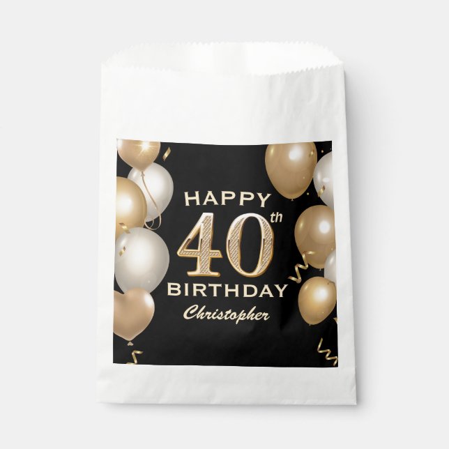 40th Birthday Party Black and Gold Balloons Favor Bag (Front)