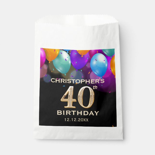 40th Birthday Party Black and Gold Balloons Favor Bag (Front)