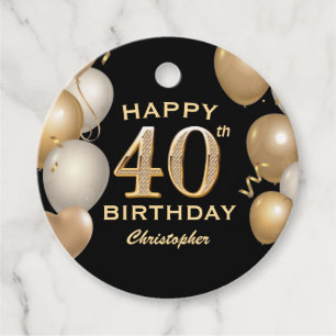 40th Birthday Party Black and Gold Balloons Favor Tags