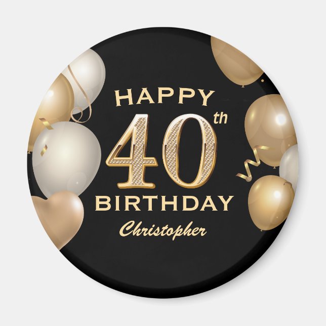 40th Birthday Party Black and Gold Balloons Magnet (Front)