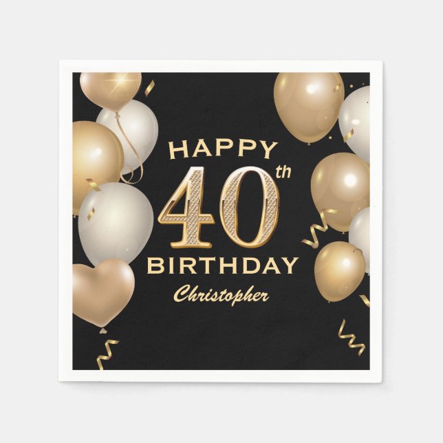 40th Birthday Party Black and Gold Balloons Napkins (Front)