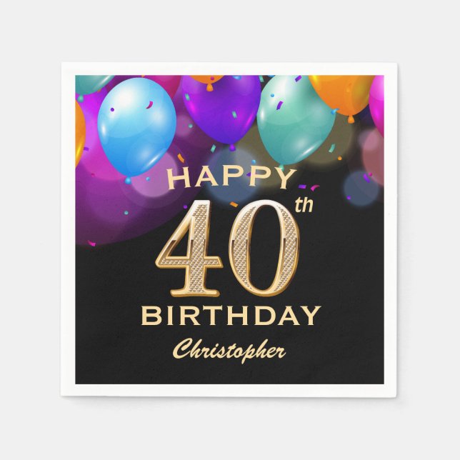 40th Birthday Party Black and Gold Balloons Napkins (Front)