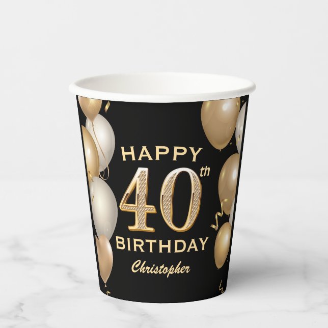 40th Birthday Party Black and Gold Balloons Paper Cups (Front)