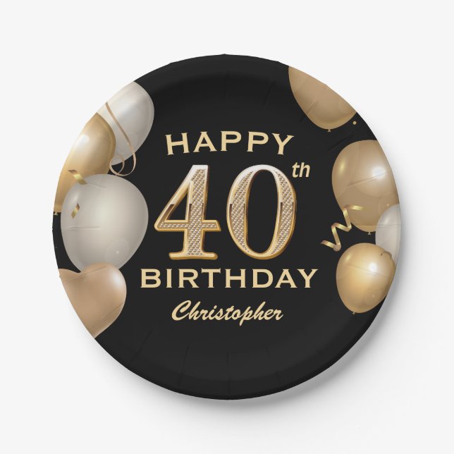 40th Birthday Party Black and Gold Balloons Paper Plates (Front)