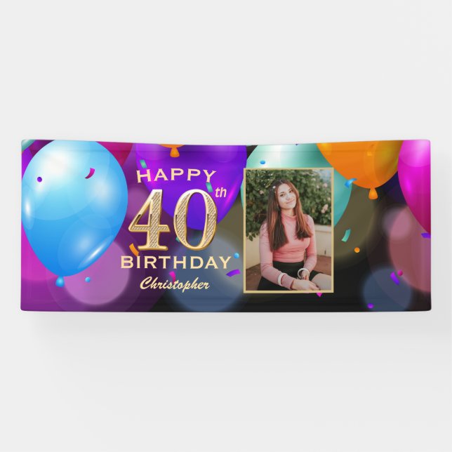 40th Birthday Party Black and Gold Balloons Photo Banner (Horizontal)