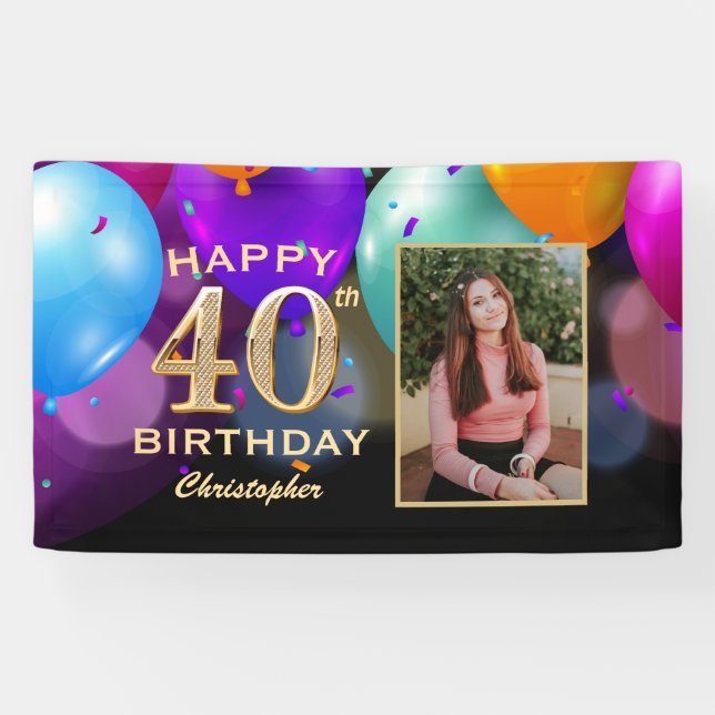40th Birthday Party Black and Gold Balloons Photo Banner (Horizontal)