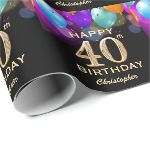 40th Birthday Party Black and Gold Balloons Wrapping Paper