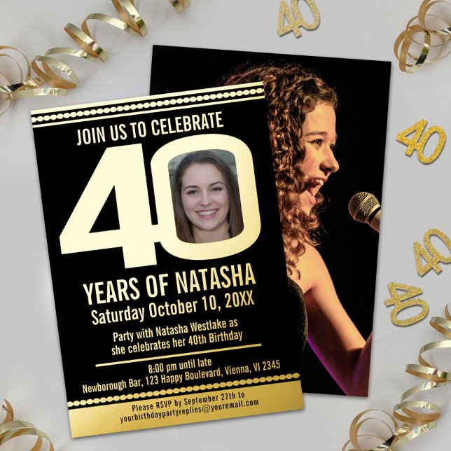 40th Birthday party black and gold foil photo Foil Foil Invitation (Creator Uploaded)