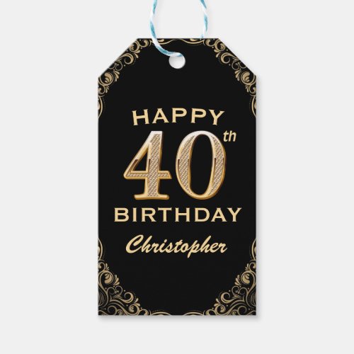 40th Birthday Party Black and Gold Glitter Frame Gift Tags