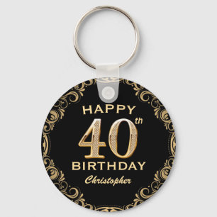 40th Birthday Party Black and Gold Glitter Frame Keychain
