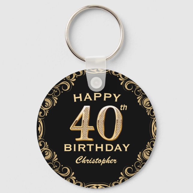 40th Birthday Party Black and Gold Glitter Frame Keychain (Front)