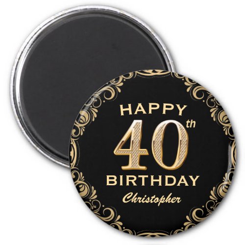 40th Birthday Party Black and Gold Glitter Frame Magnet