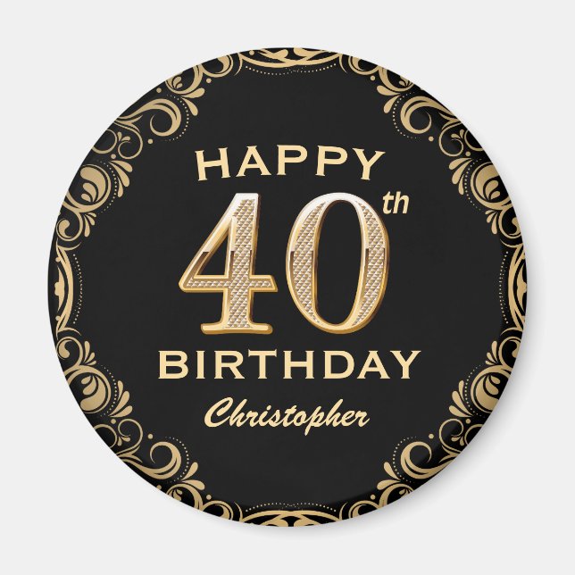 40th Birthday Party Black and Gold Glitter Frame Magnet (Front)