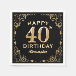 40th Birthday Party Black and Gold Glitter Frame Napkins