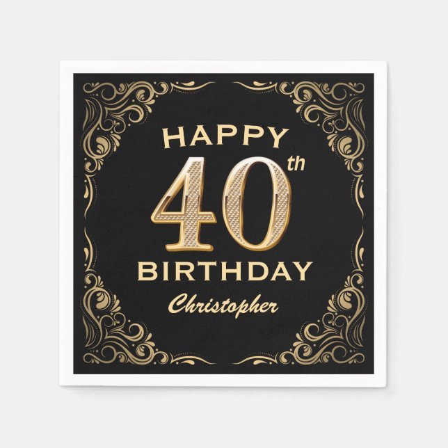 40th Birthday Party Black and Gold Glitter Frame Napkins (Front)