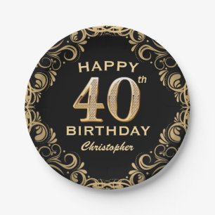 40th Birthday Party Black and Gold Glitter Frame Paper Plates