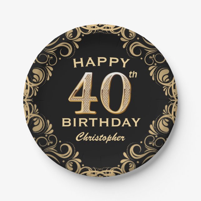 40th Birthday Party Black and Gold Glitter Frame Paper Plates (Front)