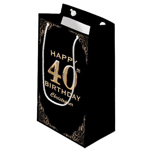40th Birthday Party Black and Gold Glitter Frame Small Gift Bag (Front Angled)