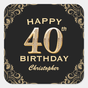 40th Birthday Party Black and Gold Glitter Frame Square Sticker