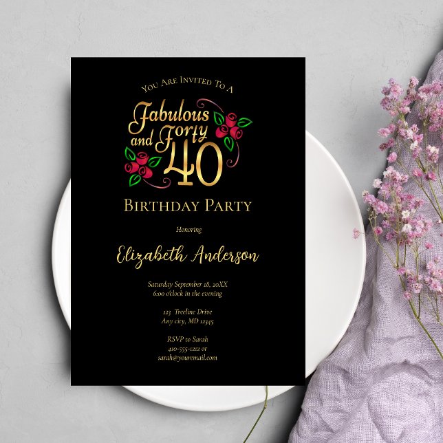 40th Birthday Party Black and Gold with Roses Invitation (Creator Uploaded)