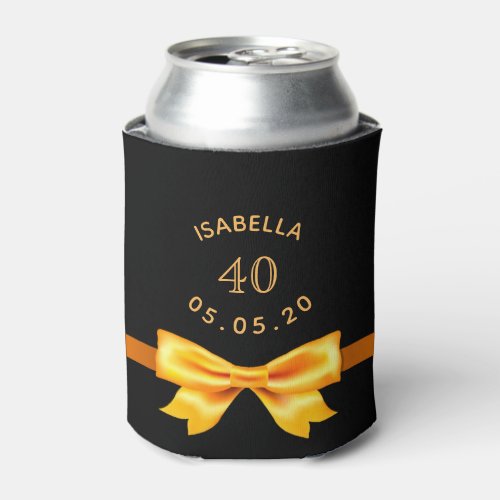 40th birthday party black gold bow name can cooler