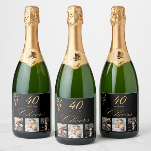 40th birthday party black gold cheers photo sparkling wine label
