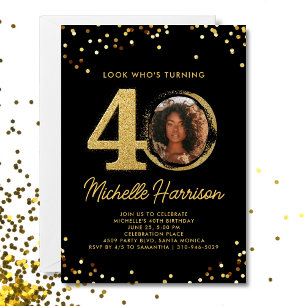 40th Birthday Party Black Gold Confetti Photo Invitation
