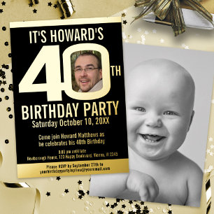 40th Birthday party black gold foil photo Invitation