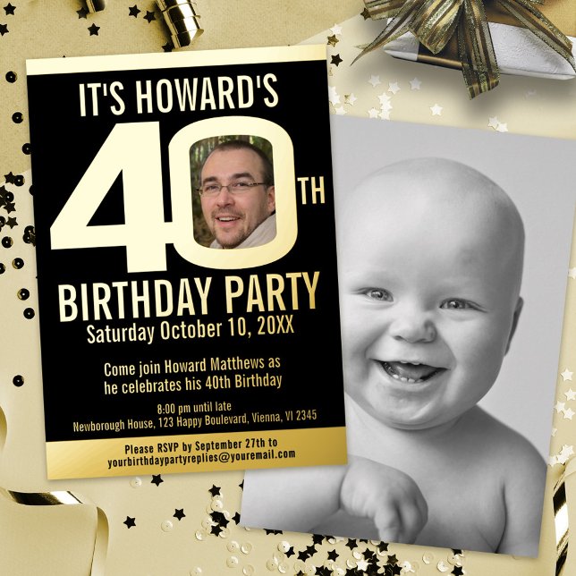 40th Birthday party black gold foil photo Invitation (Creator Uploaded)