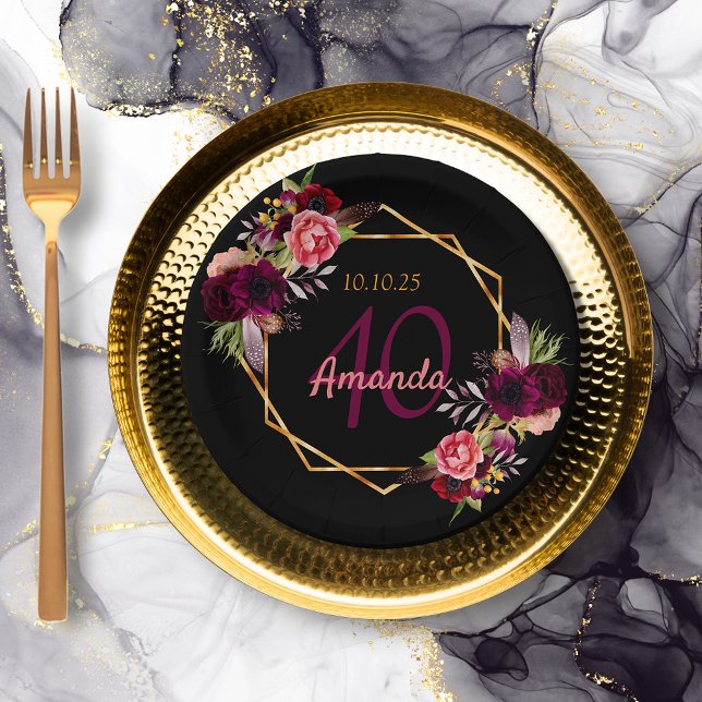 40th birthday party black gold geo floral burgundy paper plates (Creator Uploaded)
